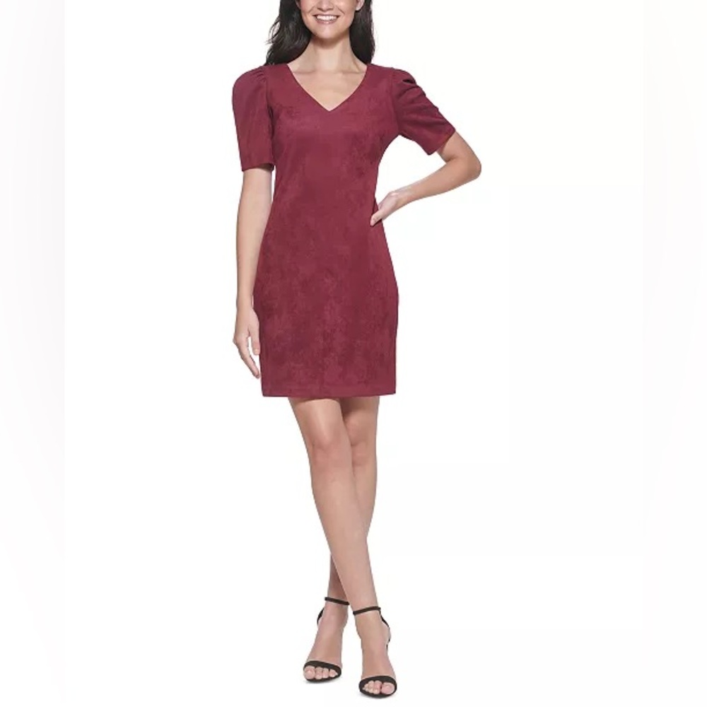 GUESS Womens Maroon Puff Sleeve V Neck Above The Knee Cocktail Sheath Dress 8